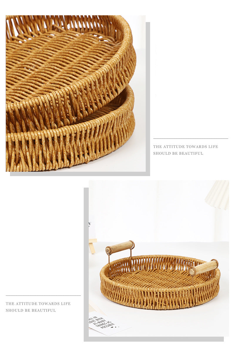 Fruit Plate Hand-Woven Japanese Bread Basket Steamed Bun Basket Living Room Household Storage Basket Rattan Double Ear Tray
