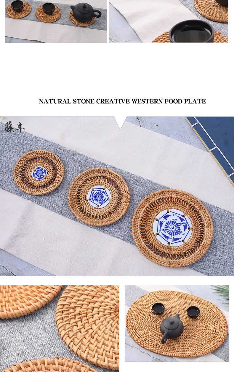 In Stock Vietnam Rattan Coaster Handmade Round Tabletop Tea Coaster Autumn Rattan Dining Table Western Food Mat Heat Insulation Tea Set Accessories