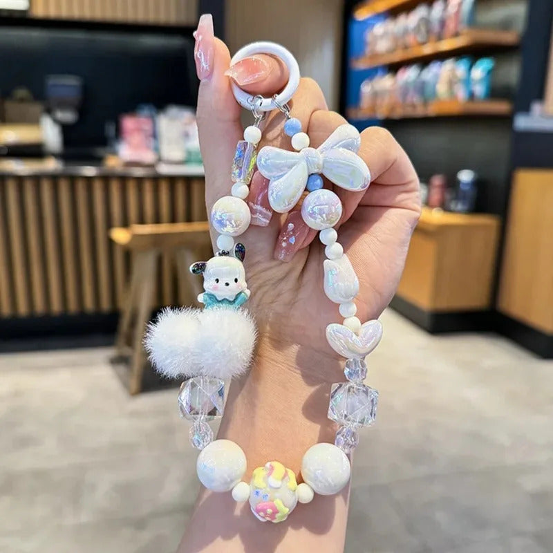Sanrio Hello Kitty Melody Hairball Mobile Phone Chain Camera Pendant Kuromi Hand Painted Beaded Kawaii Bracelet Key Chain Gift