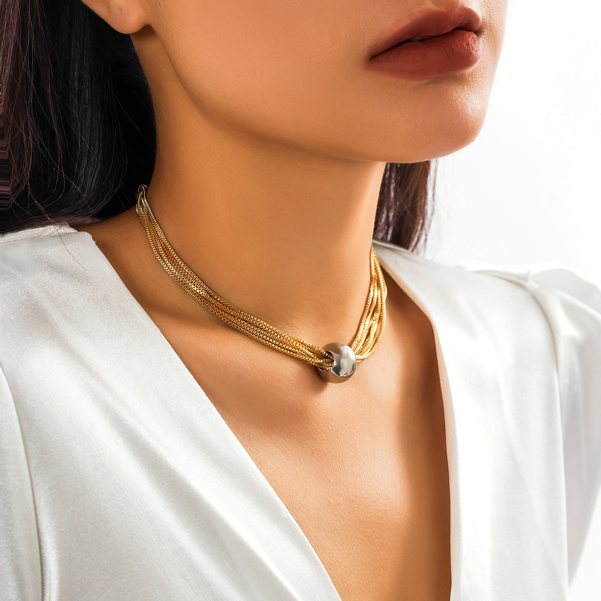 Cross-Border Exaggerated Punk Multi-Layer Chain Stacked Necklace Simple Niche Geometric Ball Personality Choker Necklace