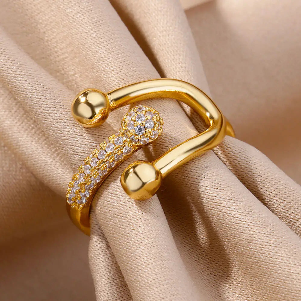 Hot Selling 18K Gold-Plated Full Diamond Titanium Steel Colorfast Open Ring Female Zircon Leaf Ring Female High Sense