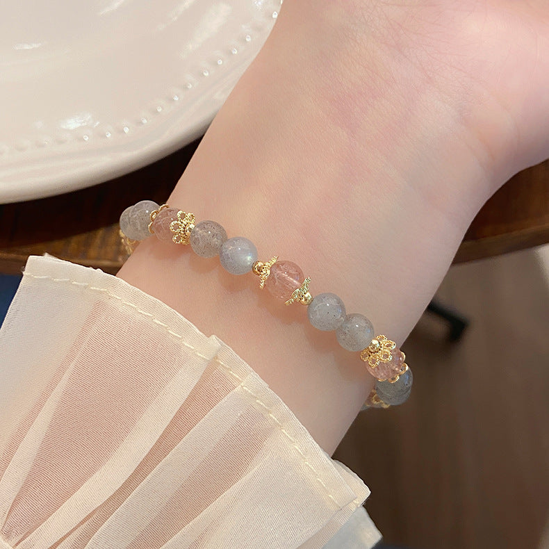 New Style Super Fairy Sweet Strawberry Crystal Bracelet Fresh Ins Gourd Pendant Bracelet String Grey Moonlight Bracelet