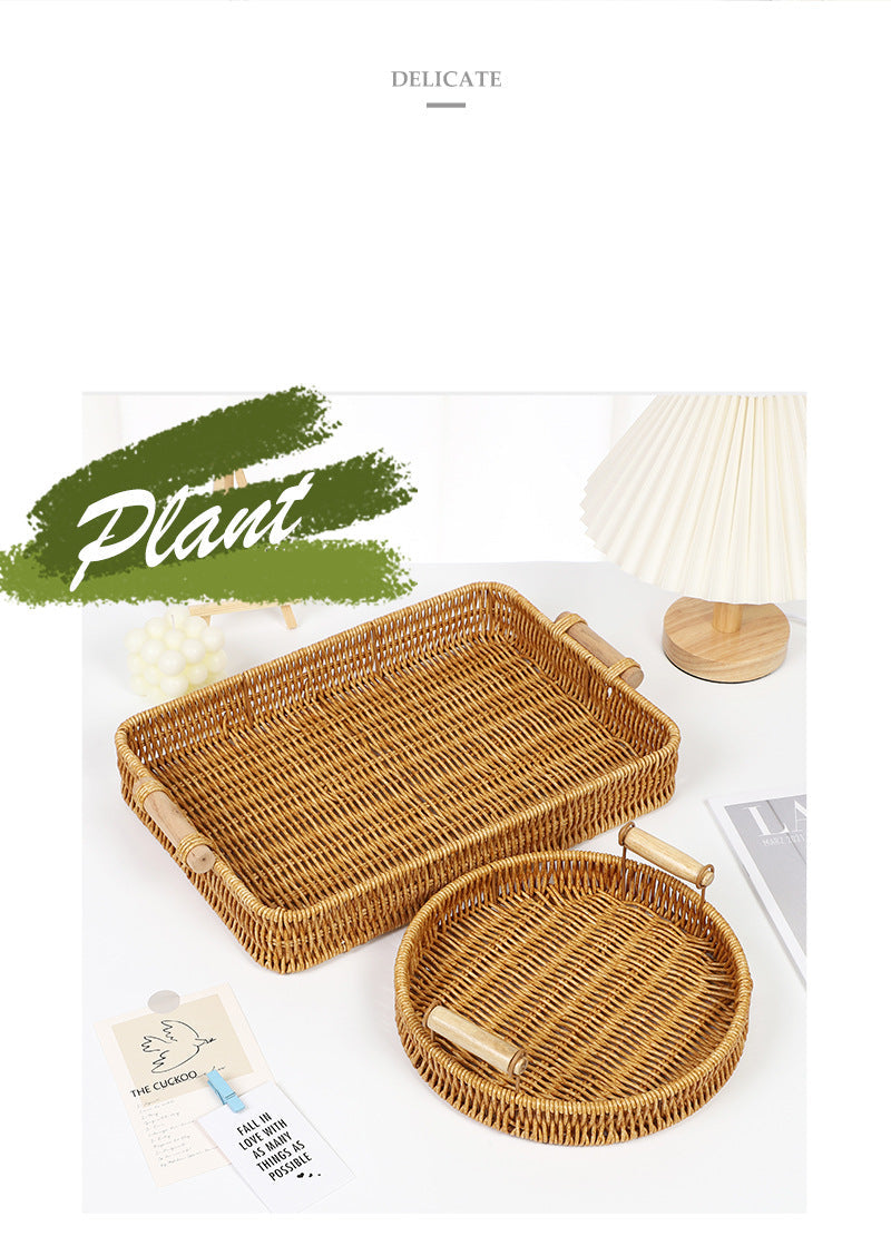 Fruit Plate Hand-Woven Japanese Bread Basket Steamed Bun Basket Living Room Household Storage Basket Rattan Double Ear Tray