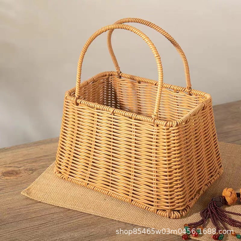 Imitation Rattan Woven Basket Storage Handheld Basket Woven Flower Basket Handmade Gift Storage Bin Organizer Basket Shopping Basket