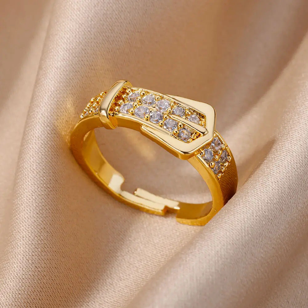 Hot Selling 18K Gold-Plated Full Diamond Titanium Steel Colorfast Open Ring Female Zircon Leaf Ring Female High Sense