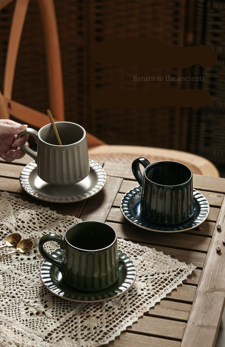 Japanese Retro Exquisite Afternoon Tea Latte Art Striped Coffee Cup and Saucer Ceramic Set Office Milk Breakfast Cup