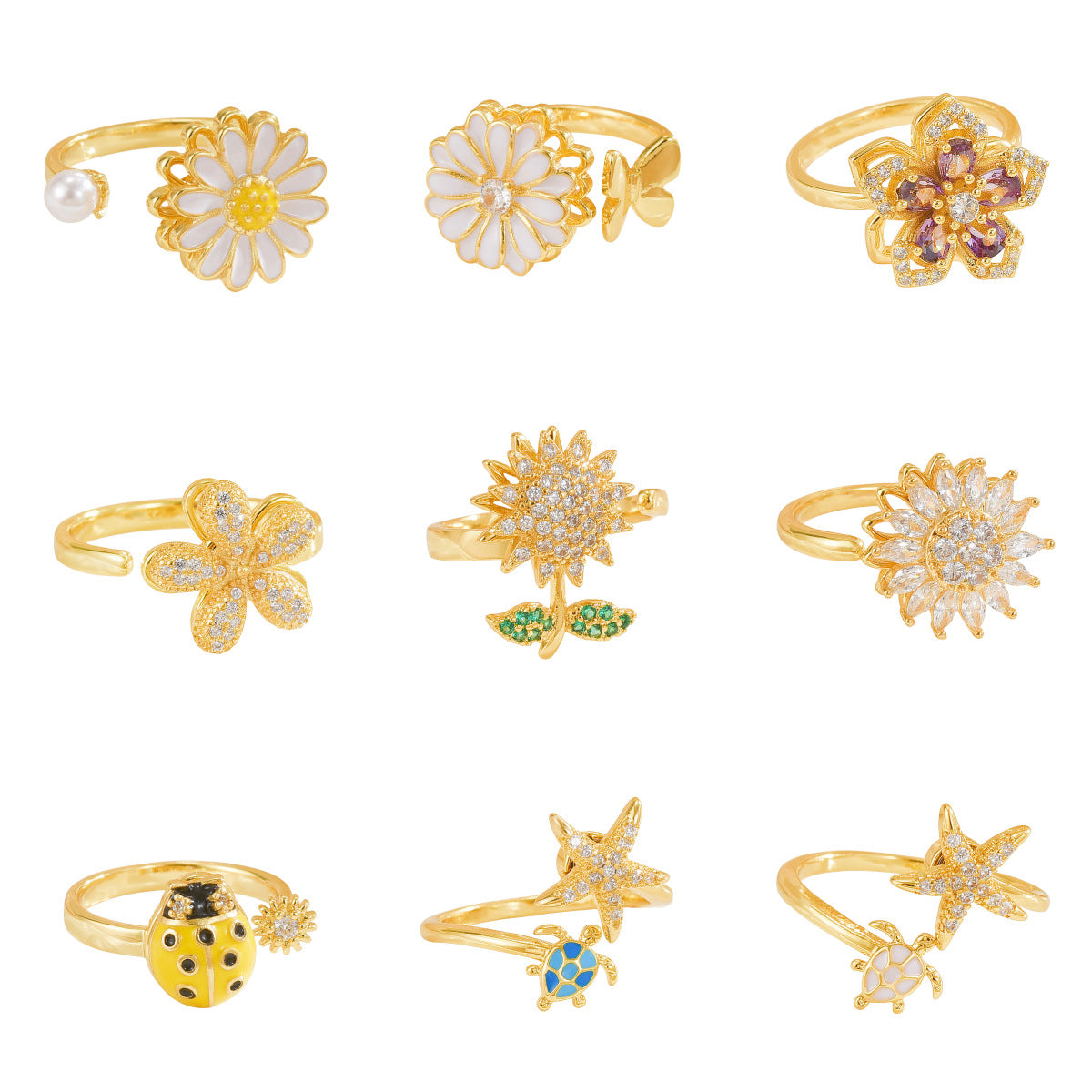 Rotating Ring for Women, Copper Gold Plated, Non-Fading, Elegant and Luxurious, Adjustable Daisy, Star, Moon, Zircon, European and American Cross-Border