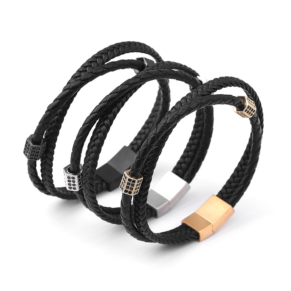 Personalized multi-layer woven leather bracelet men's hot sale stainless steel diamond bracelet gift jewelry