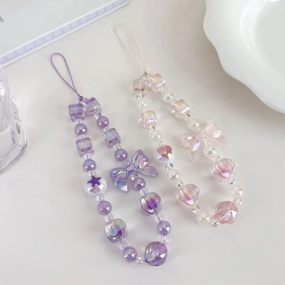 Sweet Candy Color Mobile Phone Chain Cute Bow Beaded Cellphone Pendant Charms Women Cell Phone Case Anti-loss Lanyard Jewelry