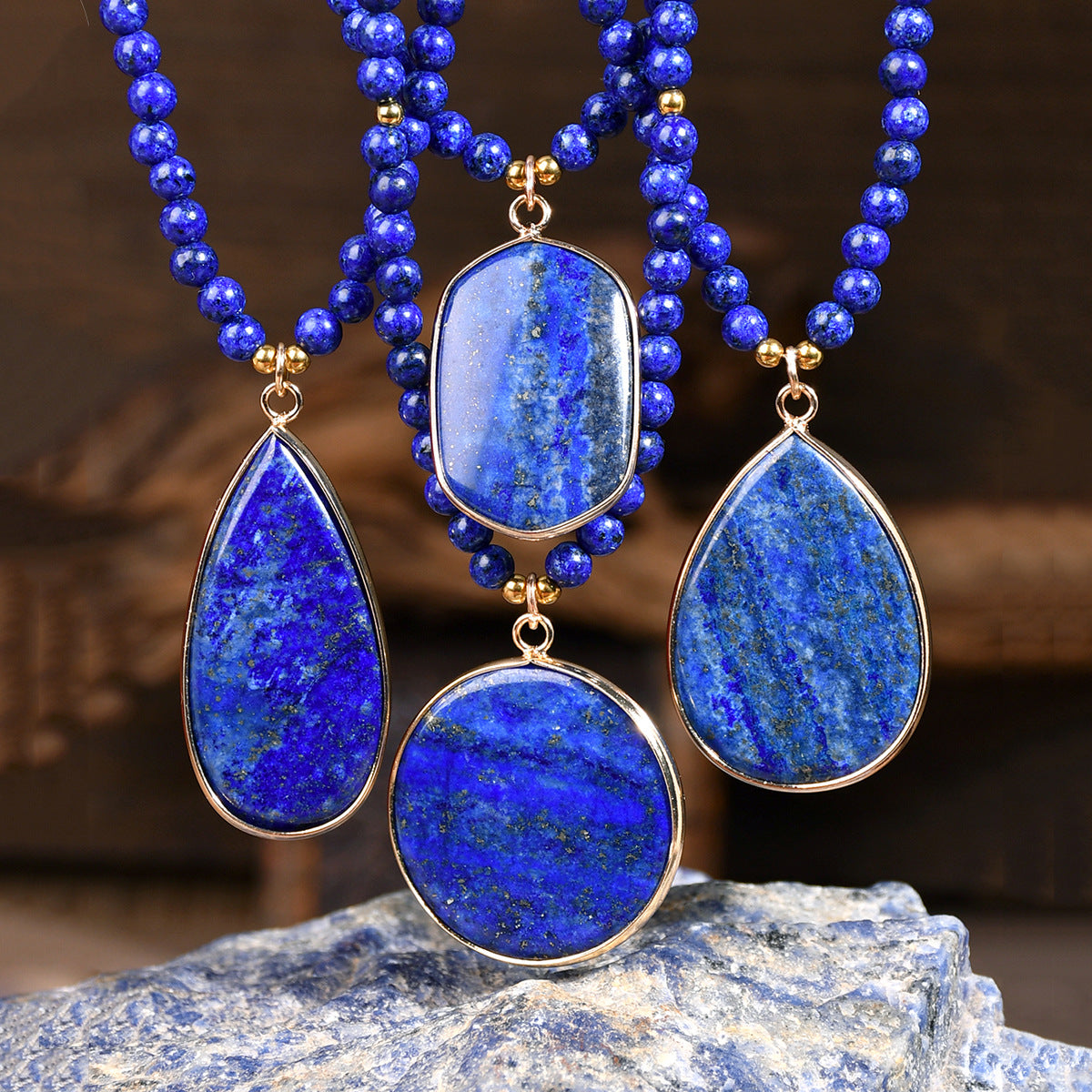 Lapis Lazuli Beaded Necklace for Women, Light Luxury High-End Water Drop Pendant Necklace Jewelry