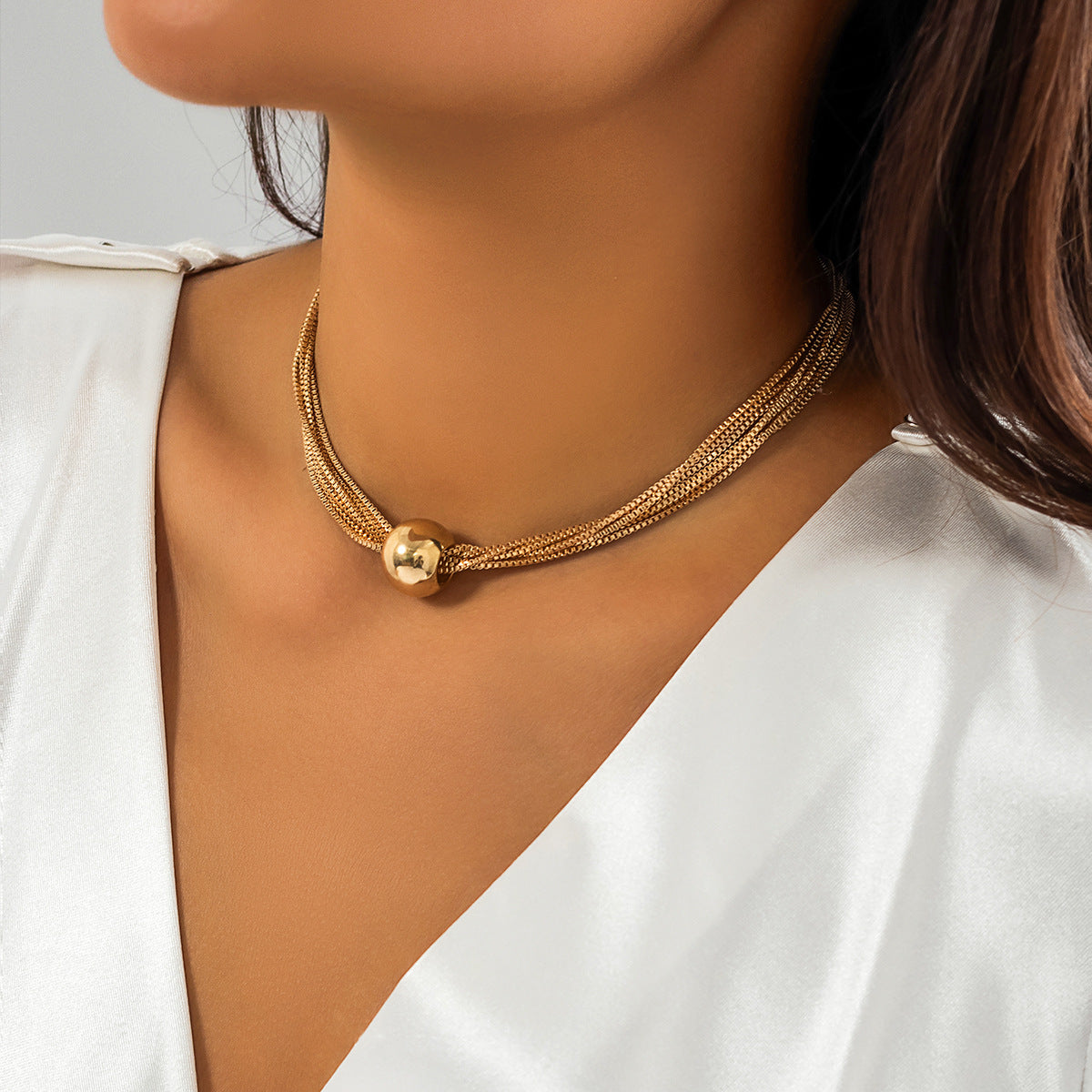 Cross-Border Exaggerated Punk Multi-Layer Chain Stacked Necklace Simple Niche Geometric Ball Personality Choker Necklace