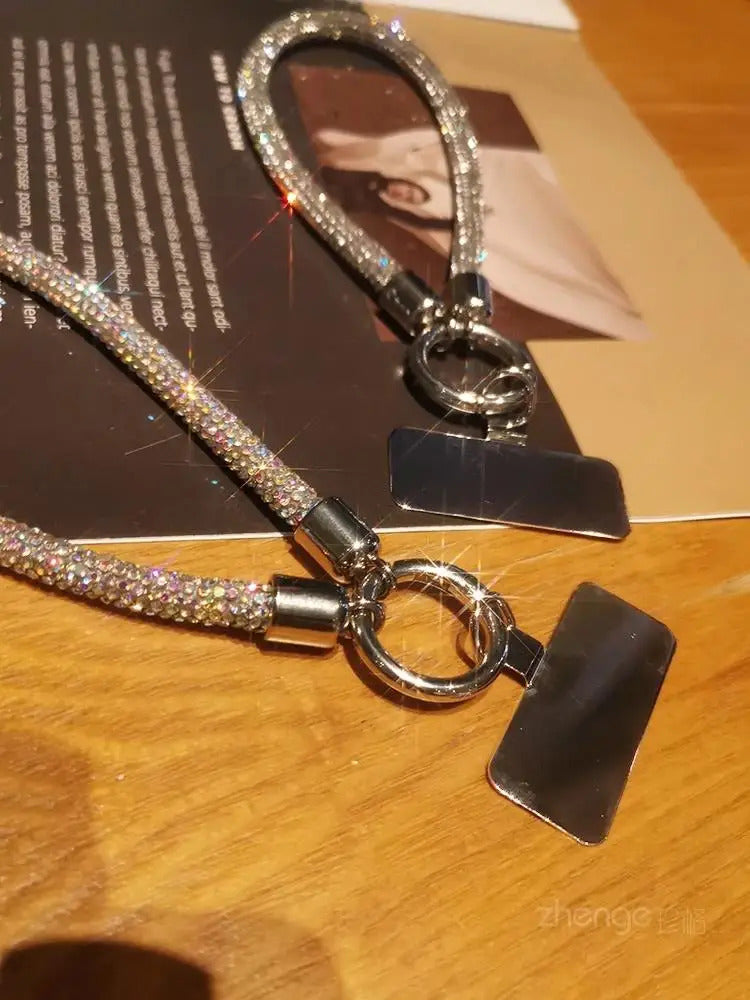 1pc Short Full Diamond Mobile Phone Lanyard Women's Small Fragrant Wind Short Wrist Case Universal Anyard Metal Clip Lanyard