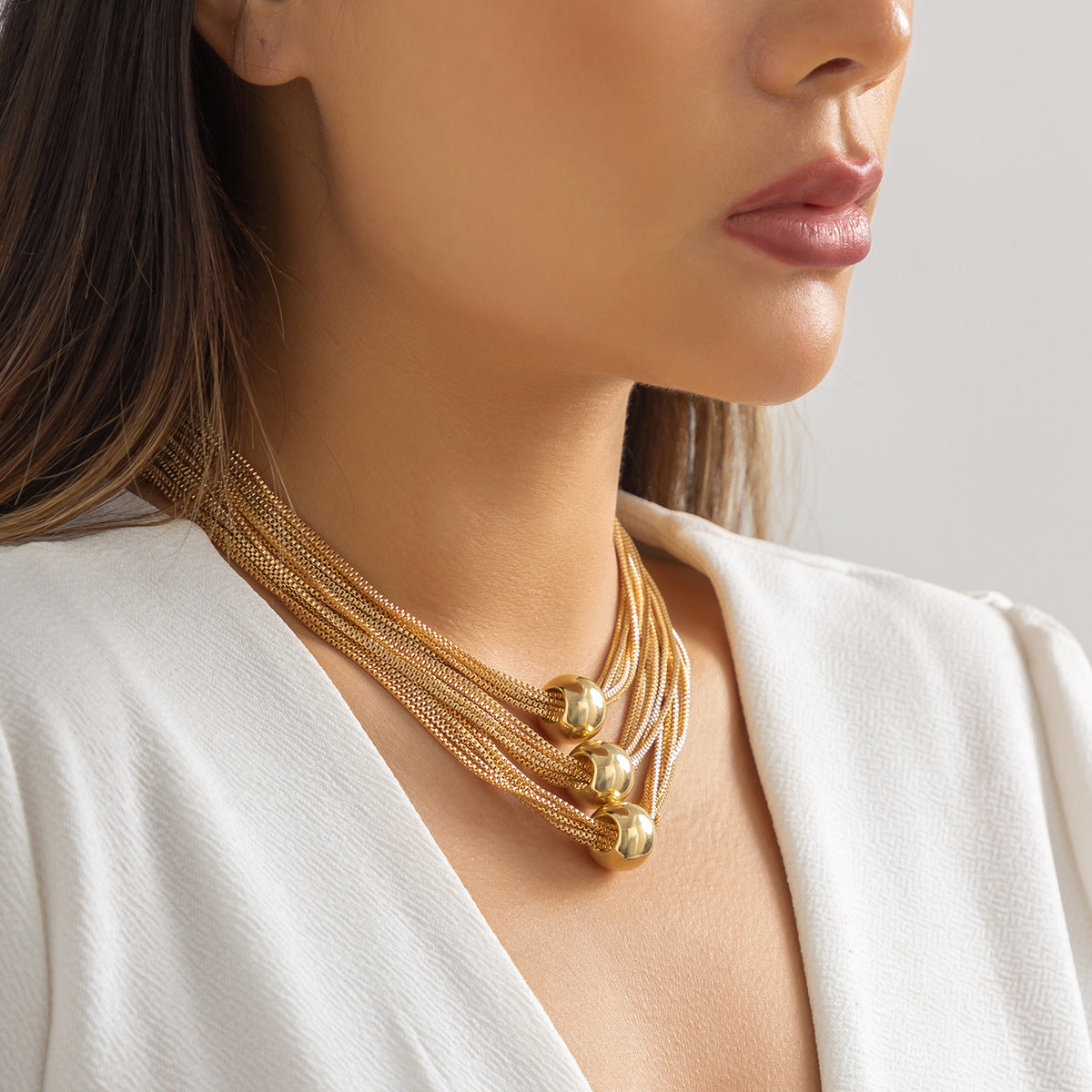 Cross-Border Exaggerated Punk Multi-Layer Chain Stacked Necklace Simple Niche Geometric Ball Personality Choker Necklace