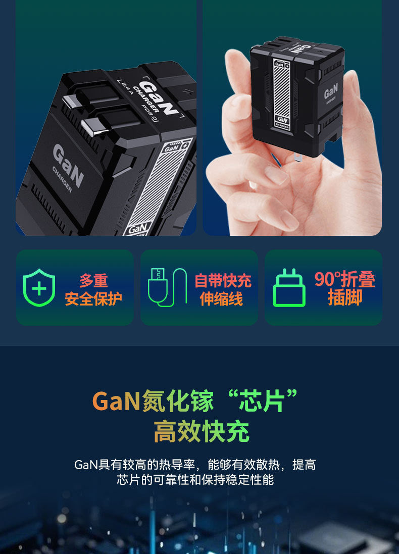 Mecha Style Fully Compatible GaN Fast Charger Compatible with Apple and Android Fast Charging Dual Retractable Cable Charger