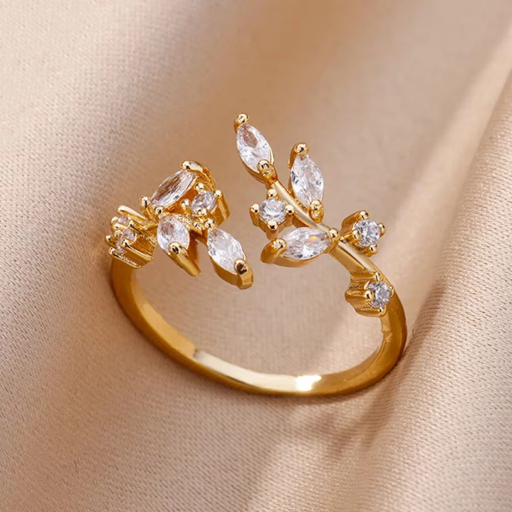Hot Selling 18K Gold-Plated Full Diamond Titanium Steel Colorfast Open Ring Female Zircon Leaf Ring Female High Sense