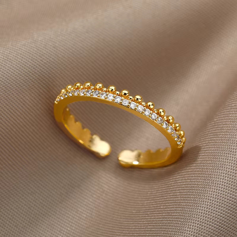 Hot Selling 18K Gold-Plated Full Diamond Titanium Steel Colorfast Open Ring Female Zircon Leaf Ring Female High Sense