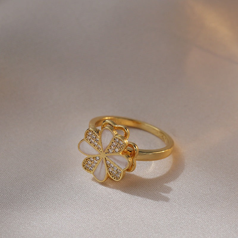 Rotating Ring for Women with Micro Paved Zircon, Elegant and Minimalist Style, Versatile Full Diamond Round Clover Ring Jewelry