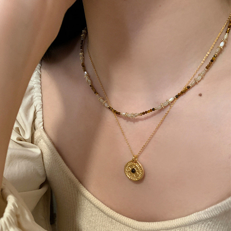 Milad Style Natural Stone Beaded Compass Pendant Layered Necklace for Women, Light Luxury Retro Versatile Choker Collarbone Chain
