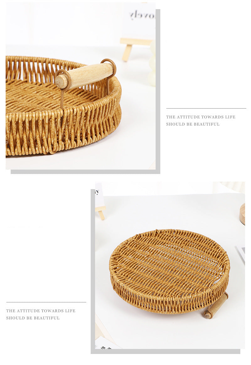 Fruit Plate Hand-Woven Japanese Bread Basket Steamed Bun Basket Living Room Household Storage Basket Rattan Double Ear Tray