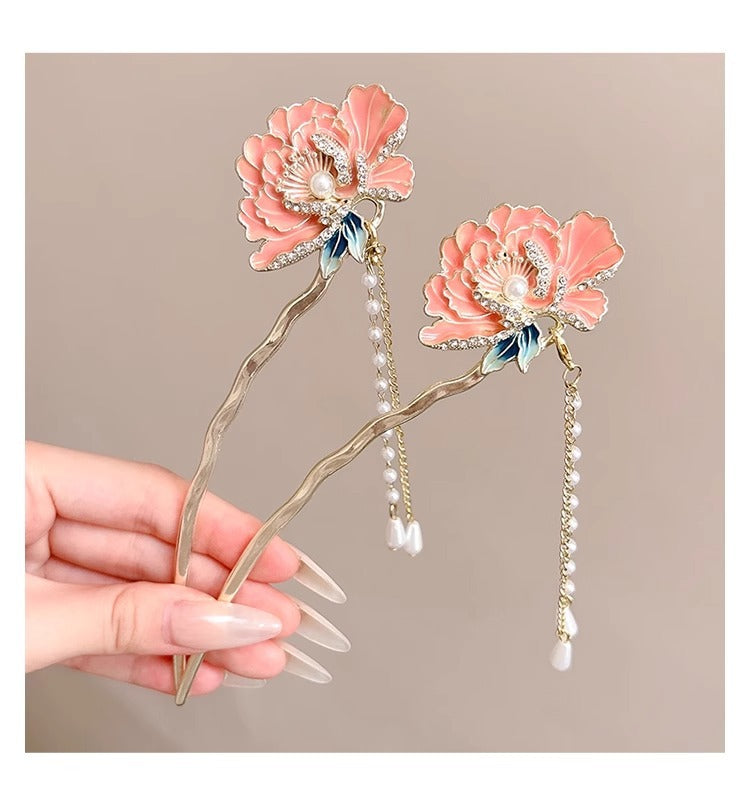 National Style Peony Flower Hairpin for Women 2025 New Super Fairy Step Shake Tassel Hair U-shaped Hairpin Cheongsam Hanfu Hairpin