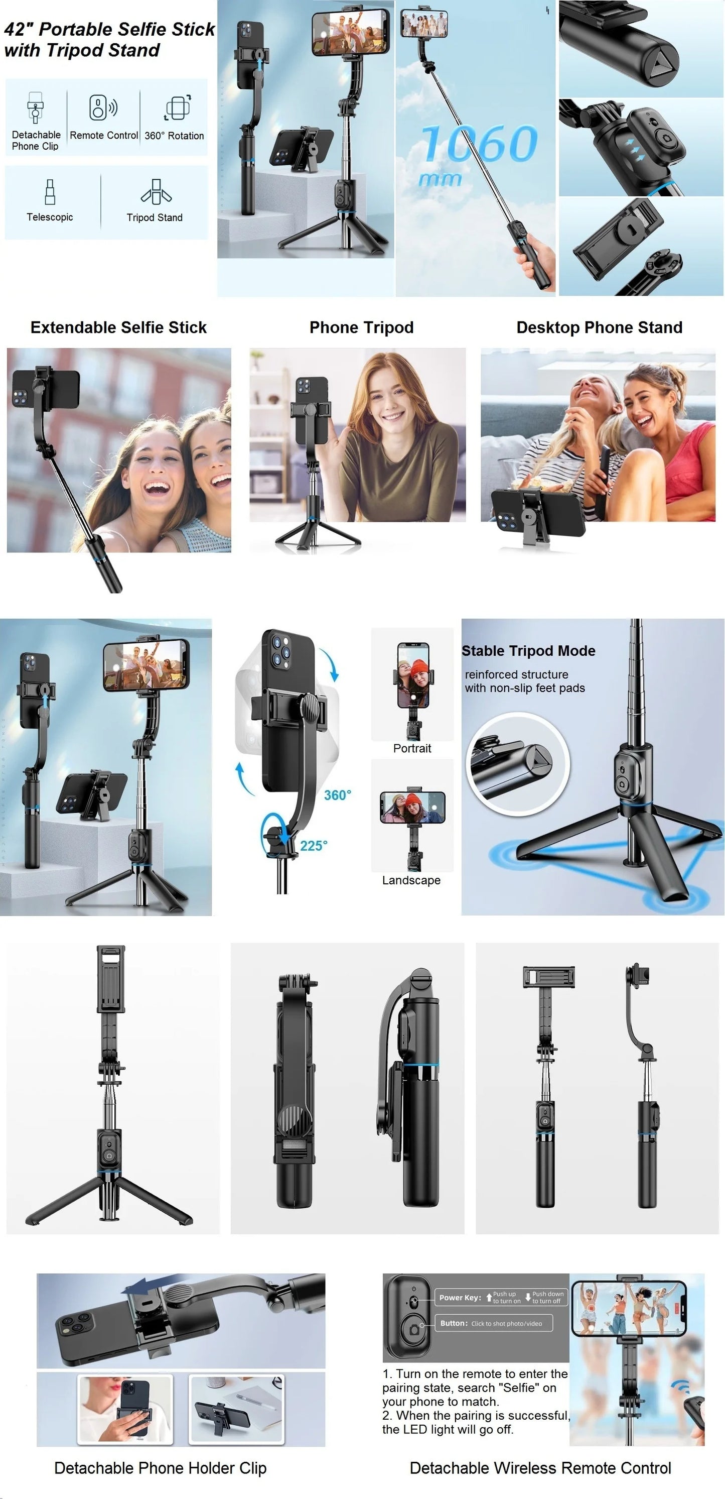 Wireless Selfie Stick Tripod Stand with Bluetooth Remote 42" Extendable Phone Tripod for iPhone Samsung Huawei Video Recording