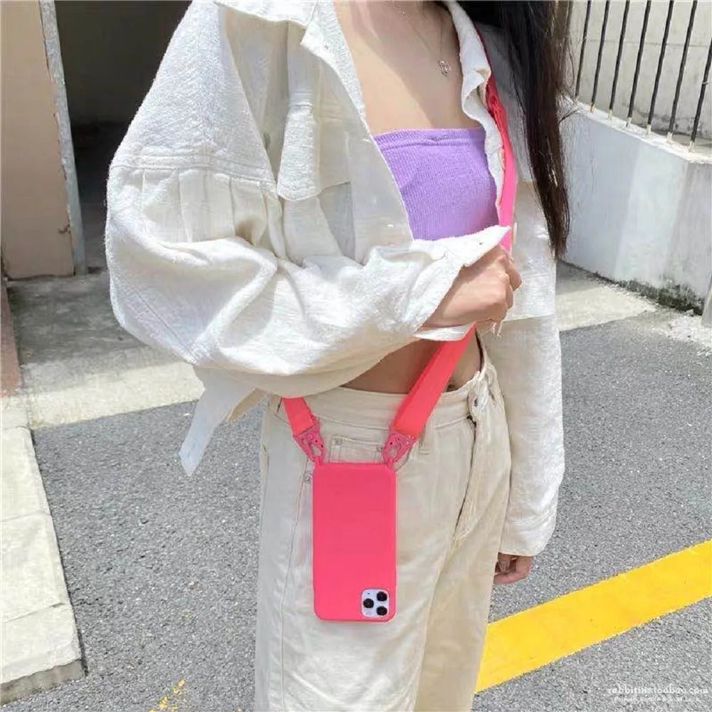 2025 Crossbody Strap Lanyard Silicone Phone Case For iPhone 16 15 14 13 12 Mini 11 Pro Max Plus Candy Color Soft TPU Back Cover