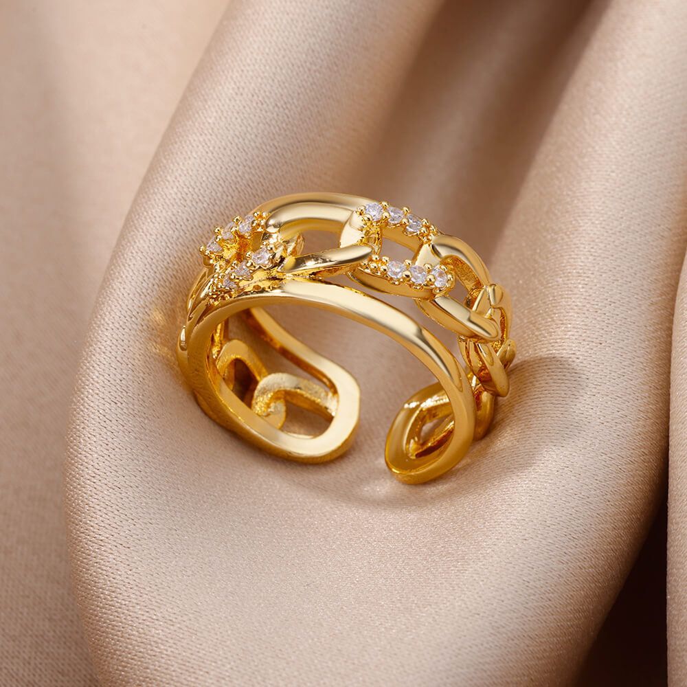 Hot Selling 18K Gold-Plated Full Diamond Titanium Steel Colorfast Open Ring Female Zircon Leaf Ring Female High Sense