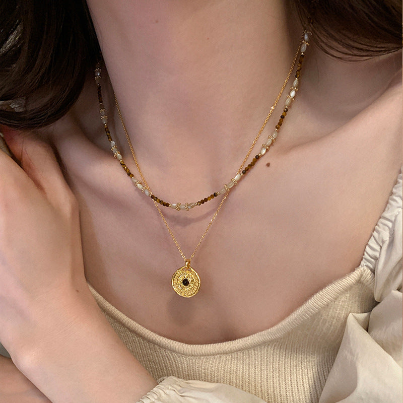 Milad Style Natural Stone Beaded Compass Pendant Layered Necklace for Women, Light Luxury Retro Versatile Choker Collarbone Chain
