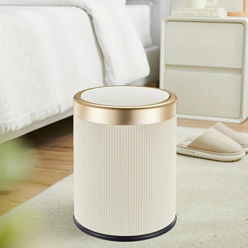 1 fashionable circular top garbage bin with gold edge - durable, stylish storage essential household garbage basket