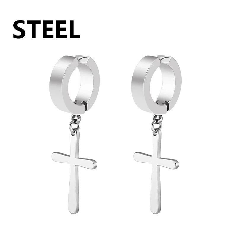 1 Pair Punk Stainless Steel Cross Stars Pendant Ear Clip No Piercing Earrings For Women Hiphop Fashion No ear hole Men Jewelry