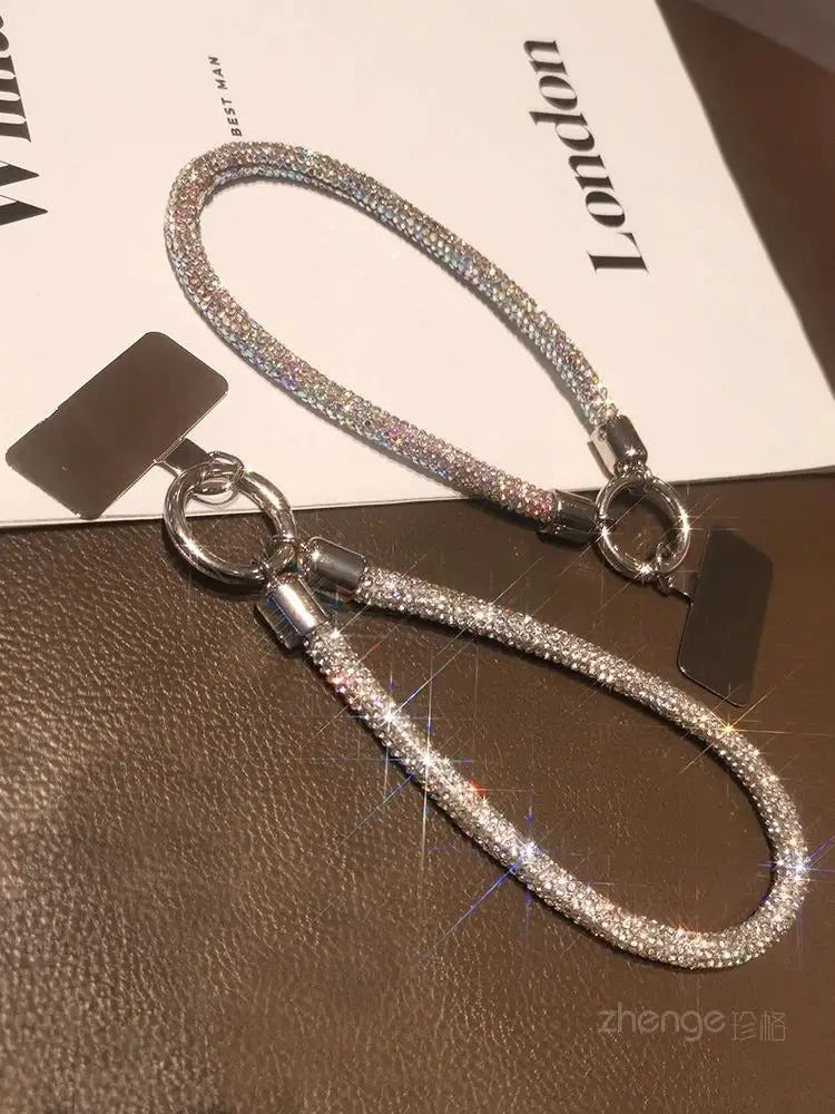 1pc Short Full Diamond Mobile Phone Lanyard Women's Small Fragrant Wind Short Wrist Case Universal Anyard Metal Clip Lanyard