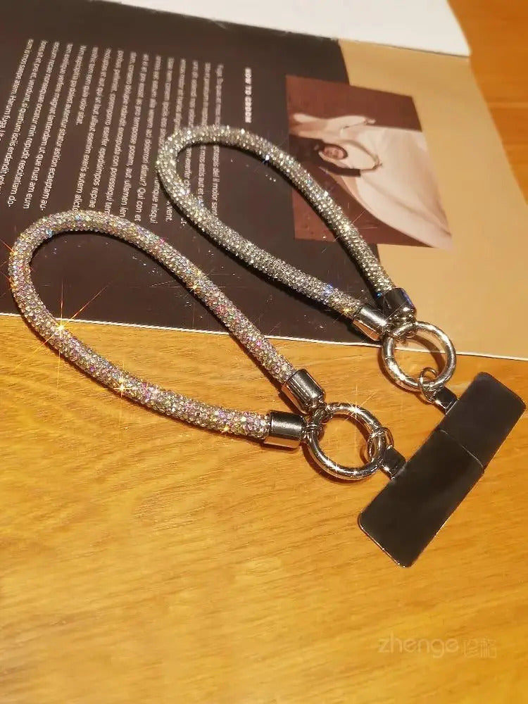 1pc Short Full Diamond Mobile Phone Lanyard Women's Small Fragrant Wind Short Wrist Case Universal Anyard Metal Clip Lanyard