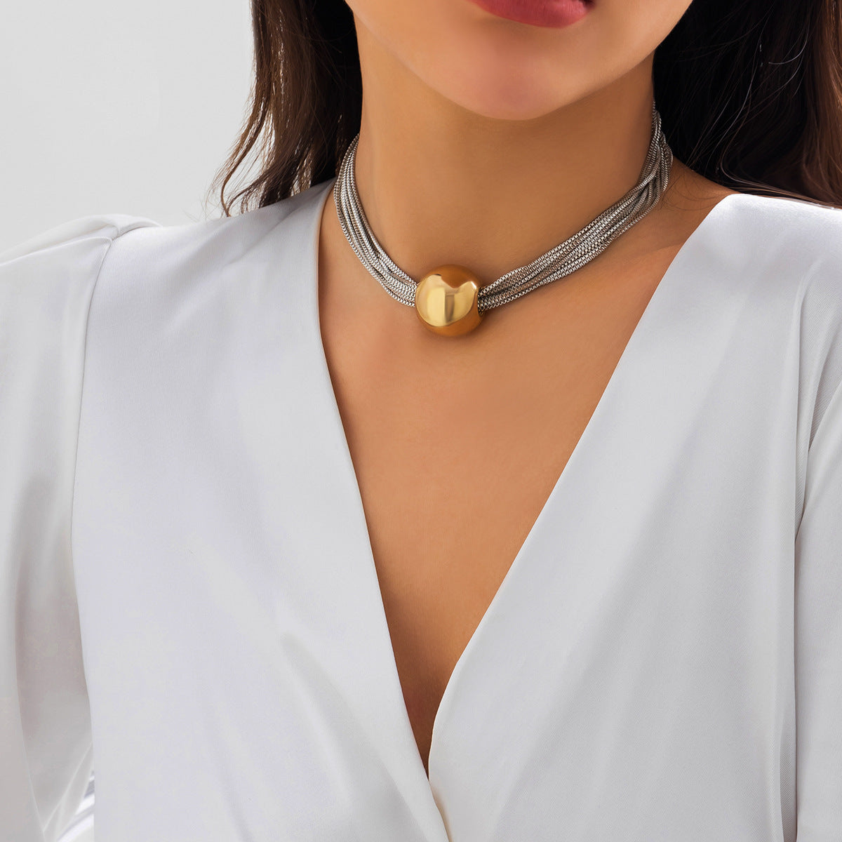 Cross-Border Exaggerated Punk Multi-Layer Chain Stacked Necklace Simple Niche Geometric Ball Personality Choker Necklace