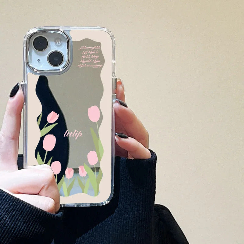 Tulip Flowers Mirror Glass Case For iPhone 11 Pro Max 16 14 13 Pro 12 15 XR XS Max X Case Square Floral Leaf Lette Pattern Cover