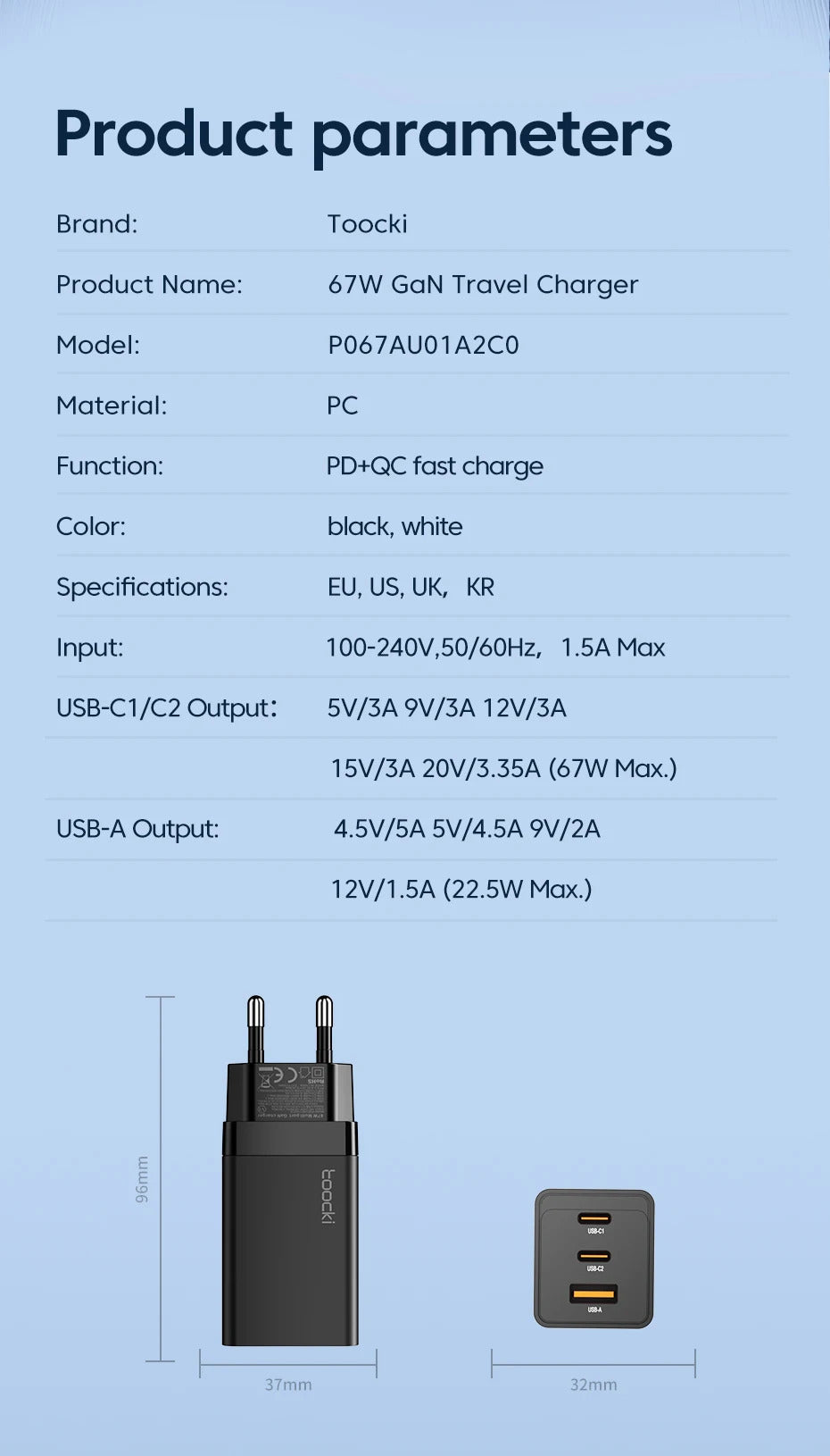 Toocki 67W GaN USB C Charger QC4.0 65W PD 3.0 Type C Fast Charger Quick For iPhone 16 15 14 13 Pro Samsung Xiaomi Huawei MacBook