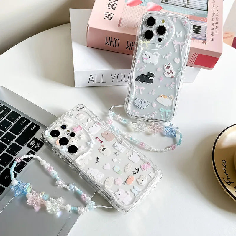 Wrst Chain Phone Case For Samsung S24 S23 S22 S21 S20 FE Plus Ultra A10S 20S 11 02 03 04 05S Cute Cat Lanyard Soft TPU Cover