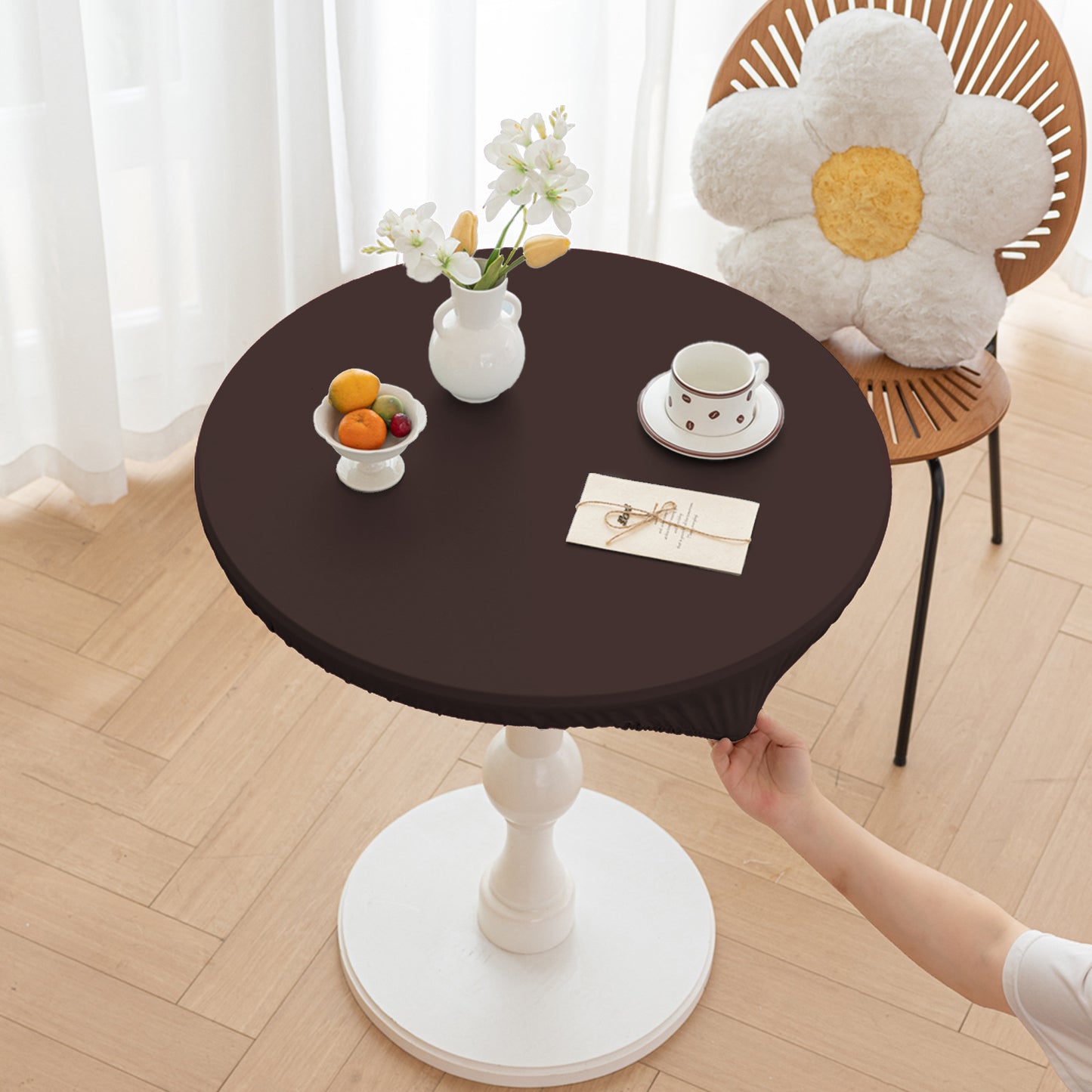 All-inclusive Stretch Household Dining Table Set Leather Non-washable Round Table Set Simple Solid Color Round Leather Cover Dustproof Non-slip