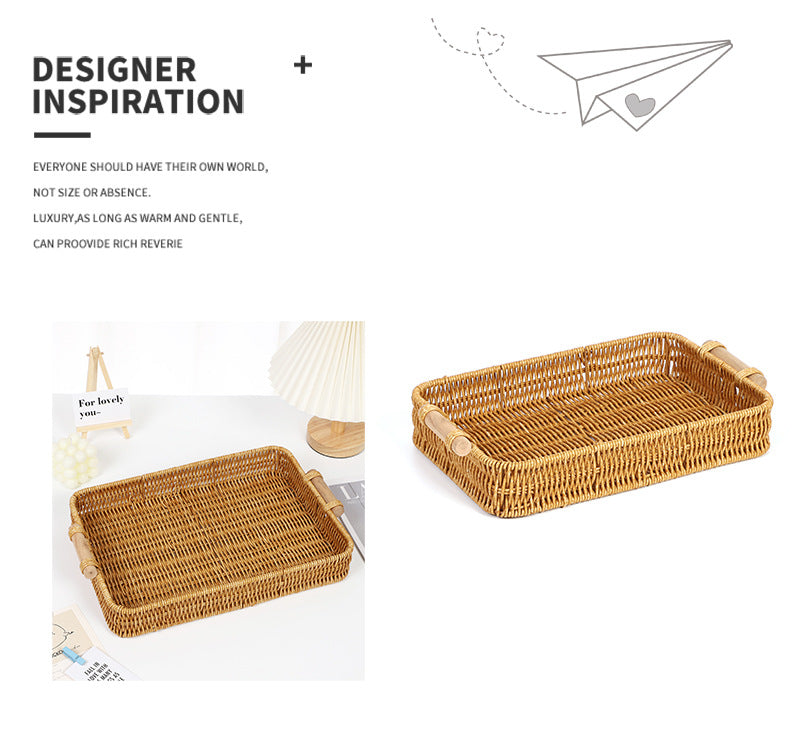 Fruit Plate Hand-Woven Japanese Bread Basket Steamed Bun Basket Living Room Household Storage Basket Rattan Double Ear Tray