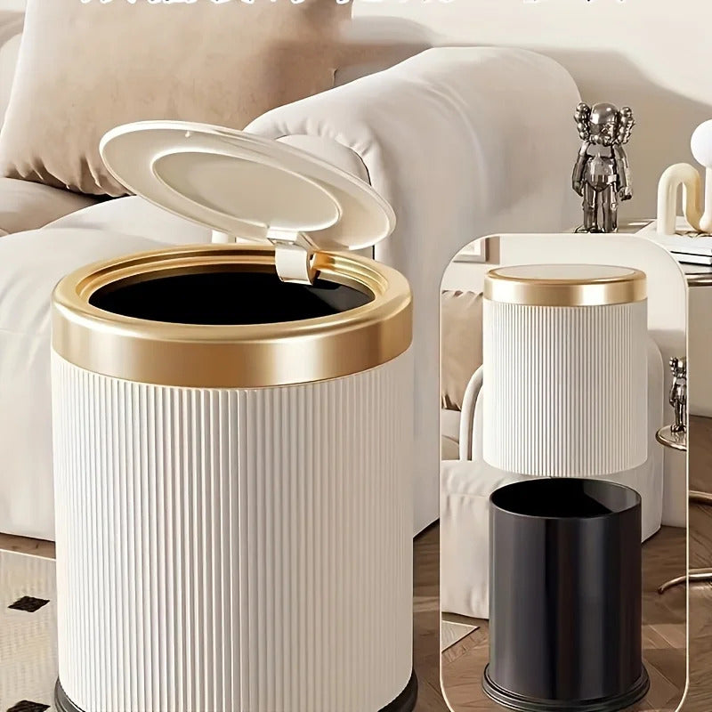 1 fashionable circular top garbage bin with gold edge - durable, stylish storage essential household garbage basket