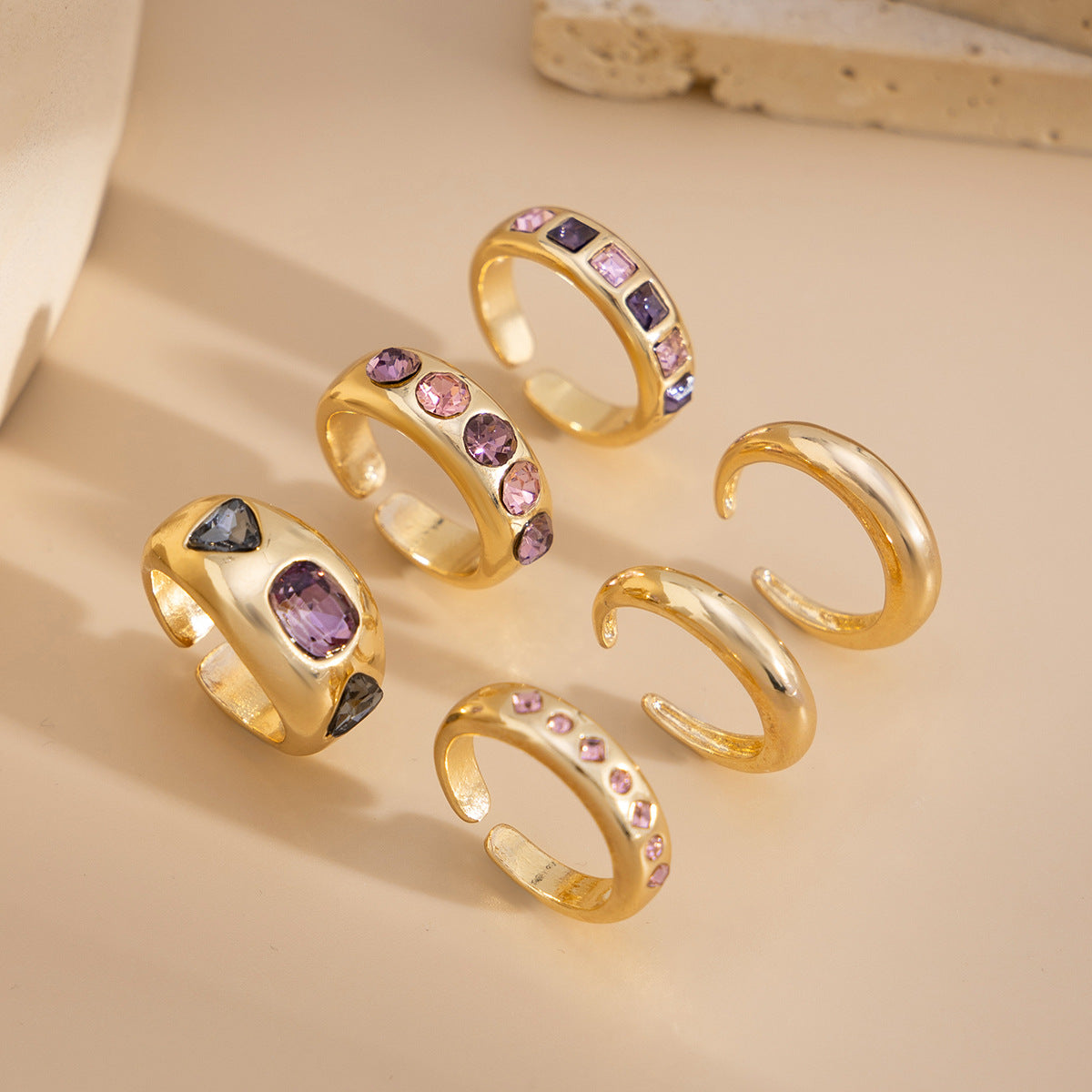 Fashionable Hollow Inlaid Irregular Ring Vintage Alloy Wrinkled Ring Set
