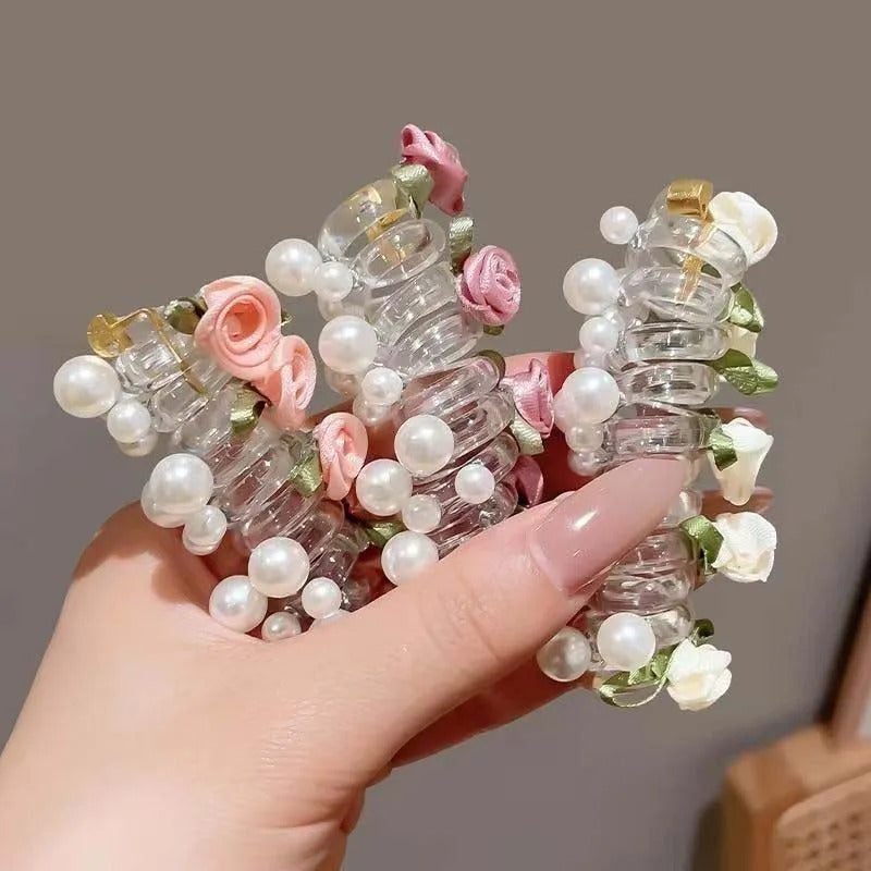 New Rose Flower Telephone Phone Line Hair Rope for Women Girls Elastic Pearl Ponytail Hair Loop Headwear Hair Accessories