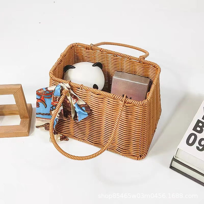 Imitation Rattan Woven Basket Storage Handheld Basket Woven Flower Basket Handmade Gift Storage Bin Organizer Basket Shopping Basket