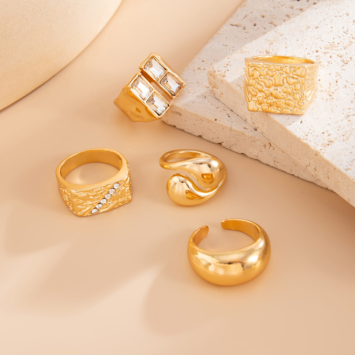 Fashionable Hollow Inlaid Irregular Ring Vintage Alloy Wrinkled Ring Set
