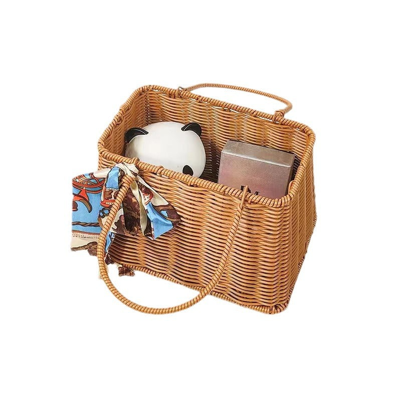 Imitation Rattan Woven Basket Storage Handheld Basket Woven Flower Basket Handmade Gift Storage Bin Organizer Basket Shopping Basket