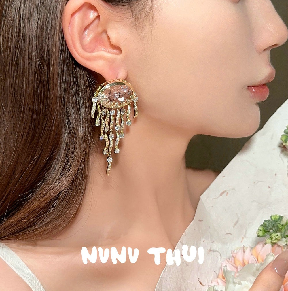Sparkling PA Pink Cloud Pattern Jellyfish Tassel Gem Earrings Rich Woman's Happy Egg-Shaped Princess Pink Earrings