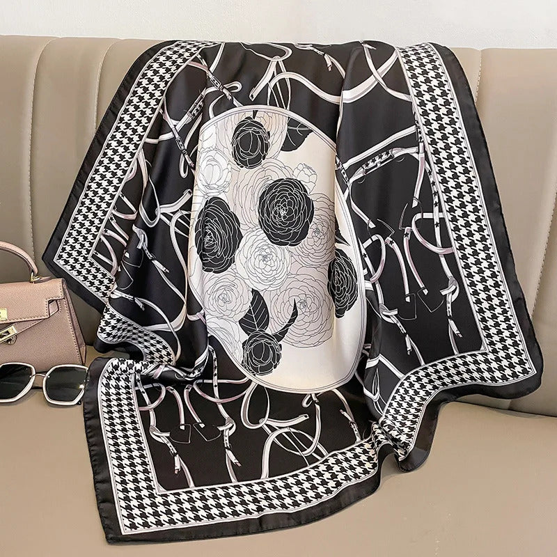 70cm Chain Print Silk Satin Hair Scarf Women Handkerchief Printed Female Square Head Bandana Small Neck Muffler Hijab Lady Girl