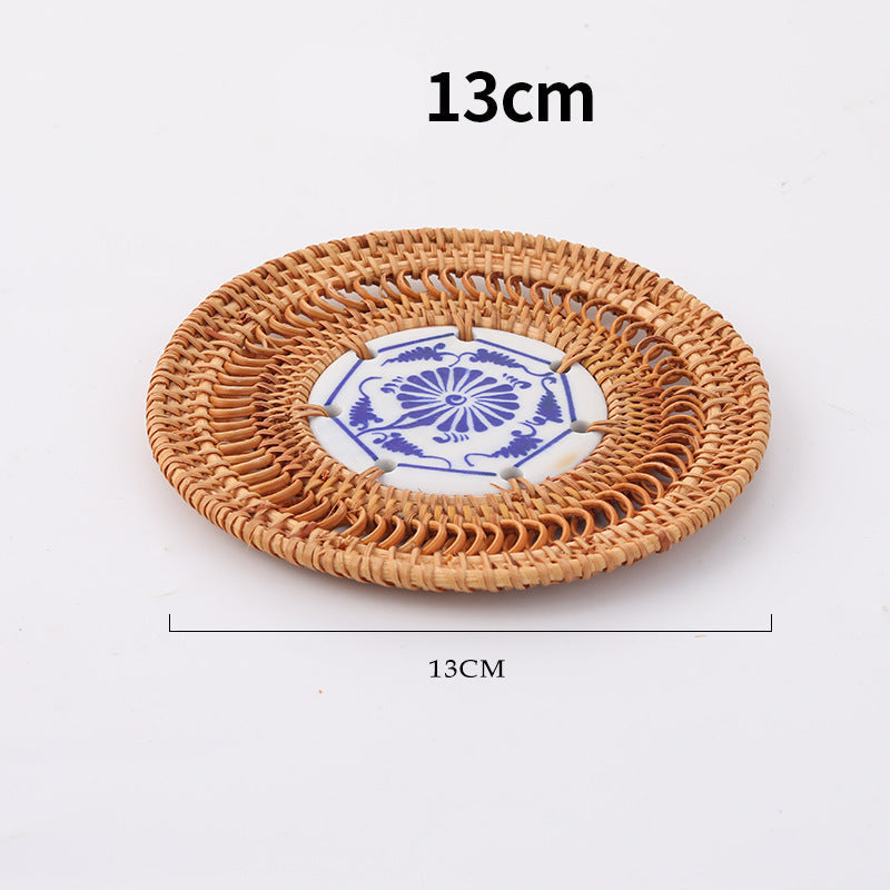 In Stock Vietnam Rattan Coaster Handmade Round Tabletop Tea Coaster Autumn Rattan Dining Table Western Food Mat Heat Insulation Tea Set Accessories