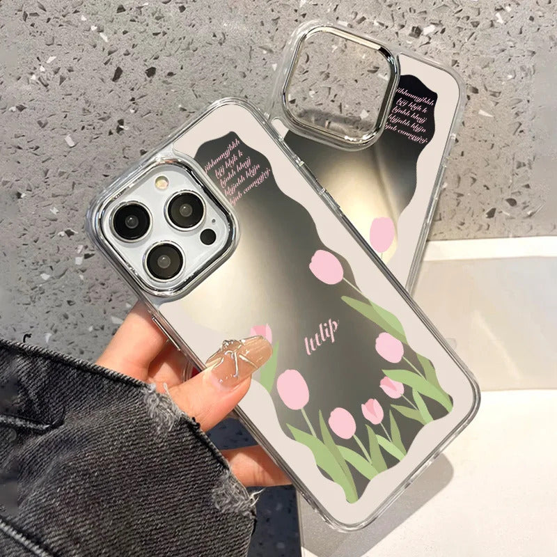 Tulip Flowers Mirror Glass Case For iPhone 11 Pro Max 16 14 13 Pro 12 15 XR XS Max X Case Square Floral Leaf Lette Pattern Cover