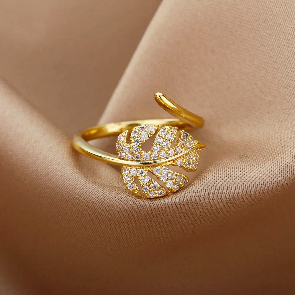 Hot Selling 18K Gold-Plated Full Diamond Titanium Steel Colorfast Open Ring Female Zircon Leaf Ring Female High Sense