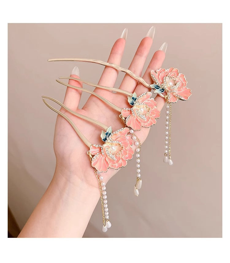 National Style Peony Flower Hairpin for Women 2025 New Super Fairy Step Shake Tassel Hair U-shaped Hairpin Cheongsam Hanfu Hairpin